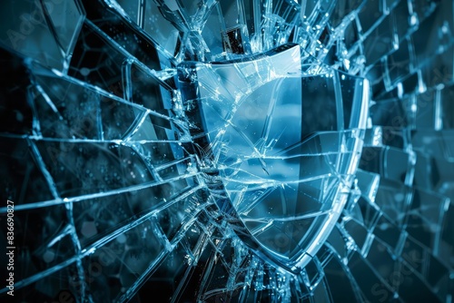 Shattered glass shield symbolizing a breach in business data security with cold, contrasting colors photo