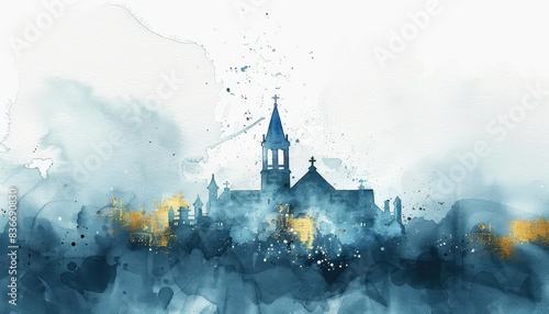 A church amid misty surroundings, showcasing serene, dreamlike scenery in soft blue and gray hues. © Suwanlee