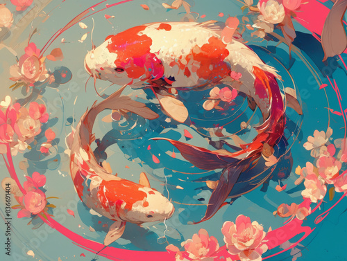 Colorful koi fish swimming in a pond with pink flowers