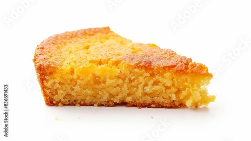 bitten piece of cornbread isolated on white background. food concept for designer 