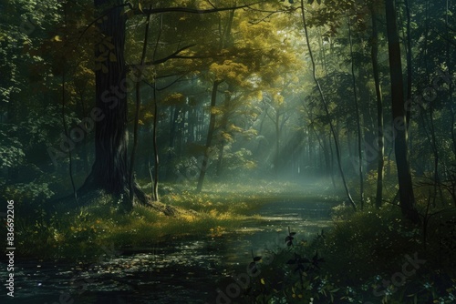 Painting of a forest scene with a stream and trees