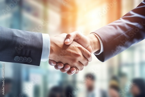 Businessmen handshake over blurred office background, concept of success and business relaxation with copy space for text stock photo, business shaking hands concept in the style of contest winner. 
