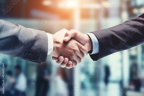 Businessmen handshake over blurred office background, concept of success and business relaxation with copy space for text stock photo, business shaking hands concept in the style of contest winner. 