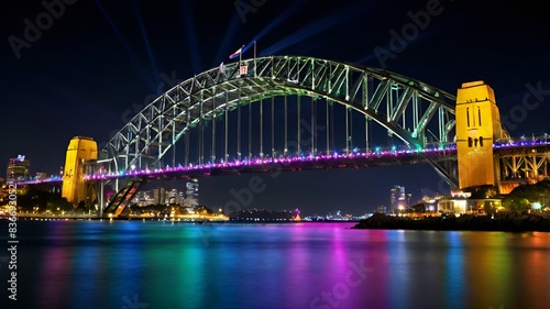 Granater AI  Sydney Harbour Bridge illuminated in rainbow colors at night, creating a vibrant and colorful display.