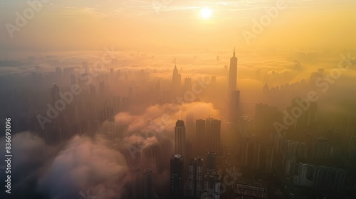 Aerial view of a city covered in thick smog from high PM 2.5 pollution levels