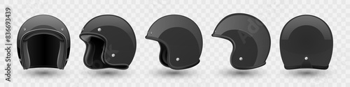 Vector 3d Realistic Blank Black Glossy Classic Vintage Open-Face Motorbike Helmet Design Template for Mockup. Front, Side and Back View. Motorcycle Helmet Icon, Closeup, Isolated