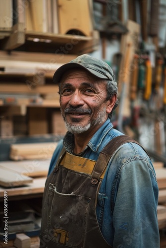 Skilled carpenter proudly showcases craftsmanship in woodworking factory, radiating confidence © markusmiller