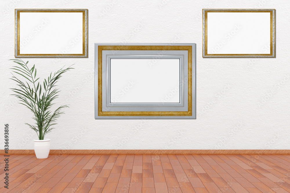Cornici, quadri vuoti in mostra su muro bianco. Tre cornici con spazio vuoto per inserimento di testo o immagini. Cornici argento e oro. Cornici, quadri vuoti in mostra su muro bianco. Tre cornici con spazio vuoto per inserimento di testo o immagini. Cornici argento e oro.