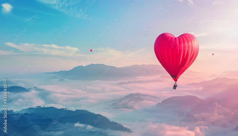 Fototapeta premium Romantic Majesty: A Red Heart Hot Air Balloon Journey on Valentine's Day