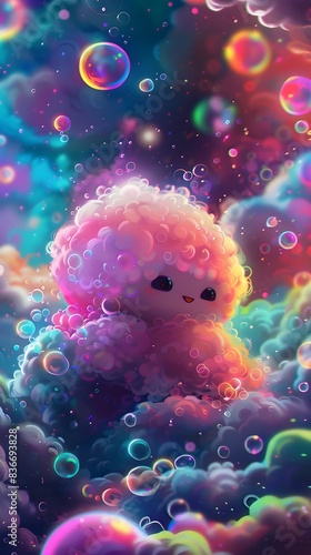 Joyful Cloud-like Creature Bounding Through a Vibrant Candy-Colored Landscape
