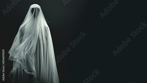 White ghost on black background, copy space, 16:9 photo