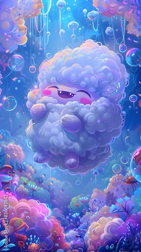Joyful Fluffy Creature Bouncing Through a Vibrant Candy-Colored Fantasy Landscape