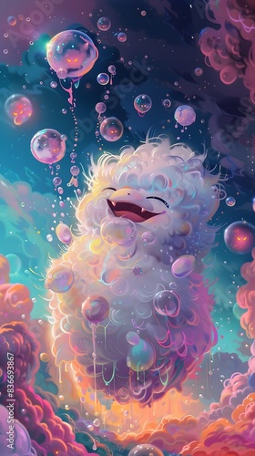 Joyful Fluffy Creature Bounding Through a Vibrant Candy-Colored Dreamscape