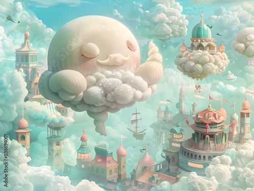 Friendly Cloud Creature Floating Peacefully in a Vibrant Fantastical Cloud City