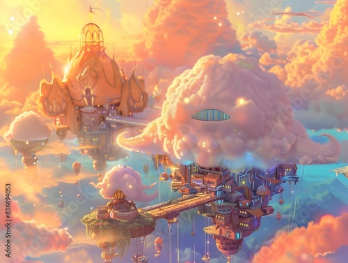 Friendly Cloud Creature's Joyful Adventure Through a Dreamlike Fantasy City in the Sky at Sunset