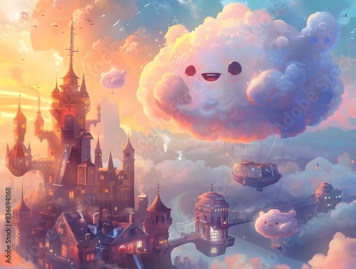 Friendly Cloud Creature's Playful Journey Through a Fantastical, Sunset-Illuminated Cloud-Scape City
