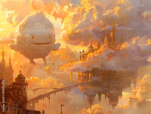 Friendly Cloud Creature's Playful Journey through a Fantastical, Sunset-Lit Cloud-scape City
