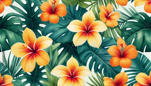 Wallpaper Mural A vivid seamless pattern featuring lush tropical leaves and bright orange and yellow flowers. Perfect for textiles, wallpapers, and backgrounds with an exotic and lively vibe.. AI Generation Torontodigital.ca