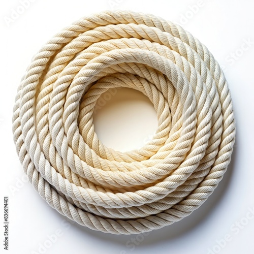 Cream-Colored Rope Coiled in a Circle on a White Background. Generative AI photo