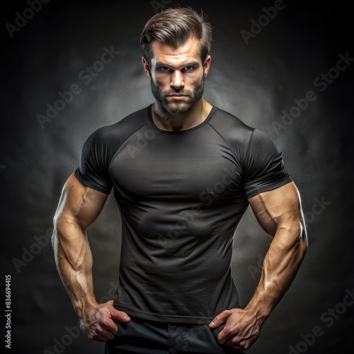 Muscular Man In Black T-Shirt Posing Against a Dark Background. Generative AI photo