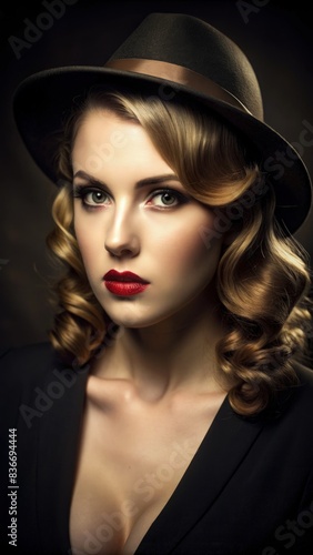 Studio Portrait of a Femme Fatale in a Black Hat and Dress. Generative AI photo