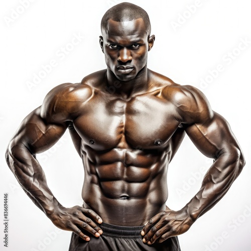 Muscular African Athlete Posing Against White Background. Generative AI photo