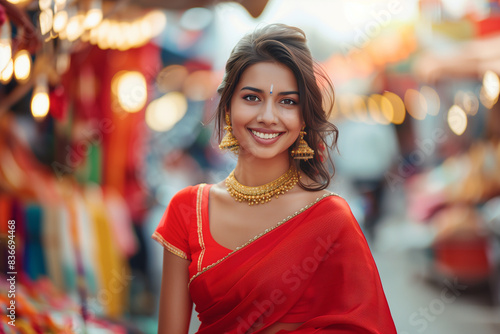 portrait of an elegant young Indian woman in traditional attire, beaming at the camera. Dressed in a red saree and gold jewelry, she exudes cultural beauty. The blurred background photo