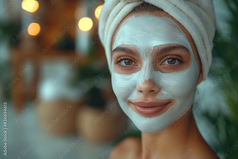 A photorealistic image of a woman doing a facial mask in a beauty salon.