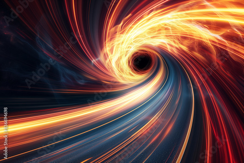 abstract background with a radiant glowing light wave and swirling energy lines depicting a black hole. The curved road to the event horizon draws the eye into the vortex, emphasiz photo
