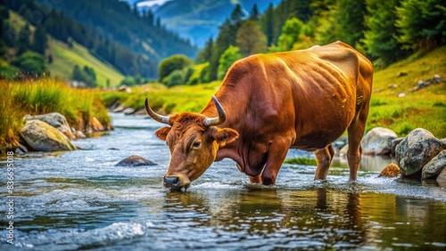 Brown Bull Drinking From Mountain River in Lush Green Valley. Generative AI © Irina