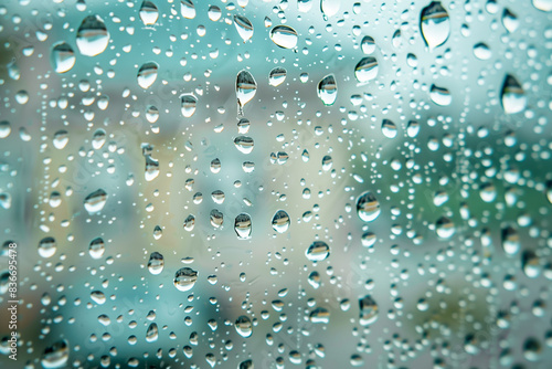 closeup of raindrops on a glass window, showcasing the clarity of each droplet and the delicate ripples they create as they move. The photograph captures the essence of a rainy mom photo