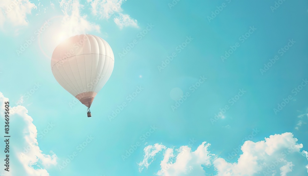 Obraz premium Floating Serenity: Hot Air Balloon Gracefully Drifting Through the Blue Sky. Customize with Your Mes