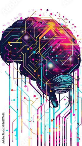 Cartoon illustration of a digital brain with circuit board on a white background photo