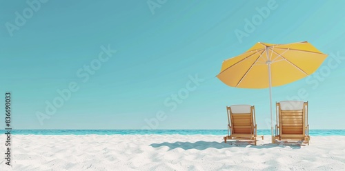 Serene Summer Bliss - 3D Rendering of Beach Chairs and Umbrella on White Sand against Clear Blue Sky with Copy Space for Text, Perfect Summer Vacation Concept photo