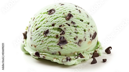 scoop of mint chocolate chip ice cream isolated on white background.