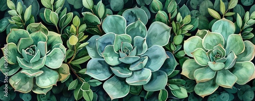 Beautiful green succulent plants arranged in a pattern, showcasing their lush leaves and natural beauty in a seamless design.