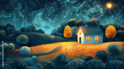 Cozy cottage with glowing windows under starry night sky in serene landscape photo