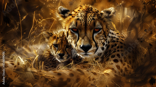 close up of a cheetah mom and her cub photo
