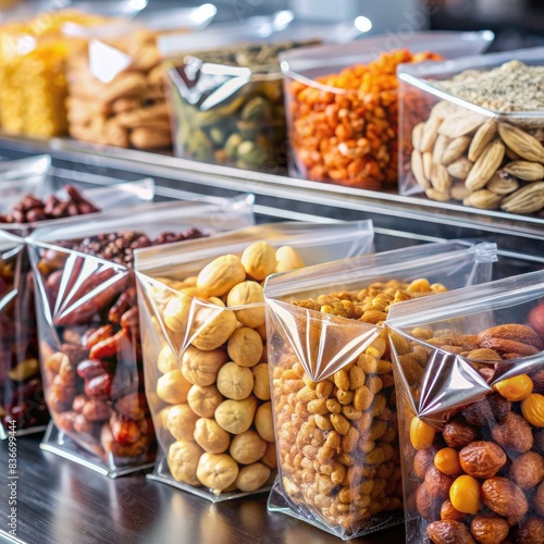 Variety of Dried Fruits and Nuts in Clear Plastic Packaging on a Countertop. Generative AI photo