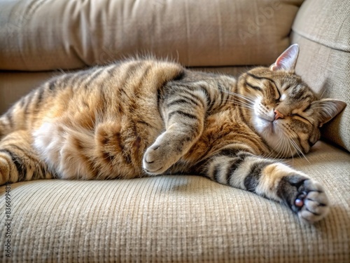 A Plump Tabby Cat Napping Peacefully On A Couch. Generative AI photo