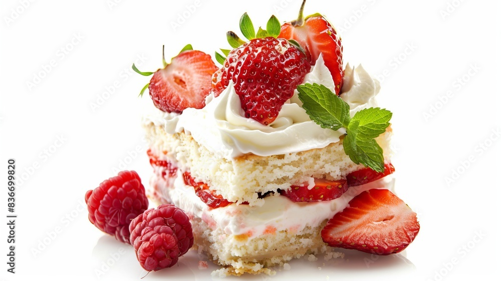 strawberry shortcake with whipped cream isolated on white background. dessert concept strawberry shortcake with whipped cream isolated on white background. dessert concept