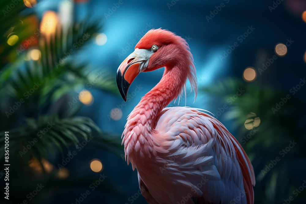 Fototapeta premium Pink flamingo on a dark blue background with palm trees and bokeh