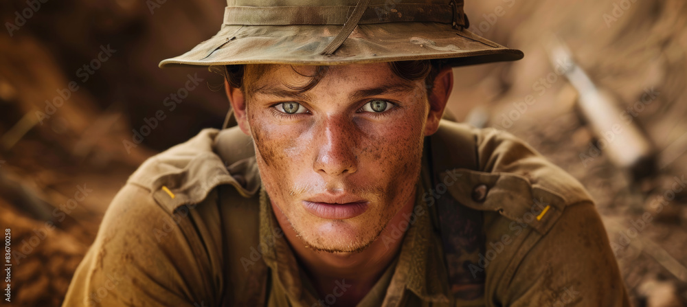 Fototapeta premium Australian WWI Soldier with Determined Gaze