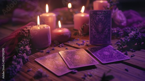 Mystical Fortune Telling Scene with Tarot Cards and Candles Generative AI photo