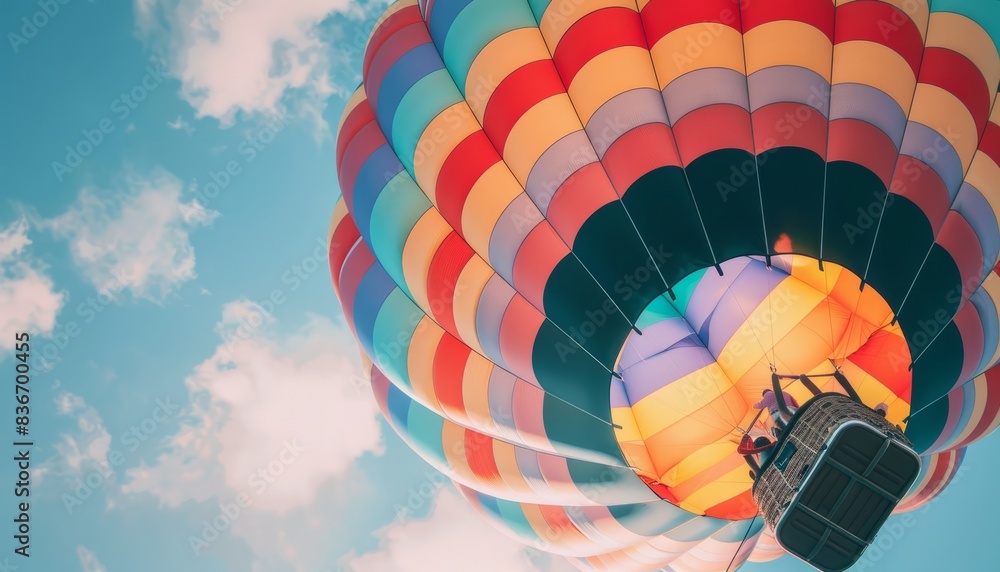 Fototapeta premium Vibrant Skies: The Spectacular Journey of a Bright Multi-Colored Hot Air Balloon