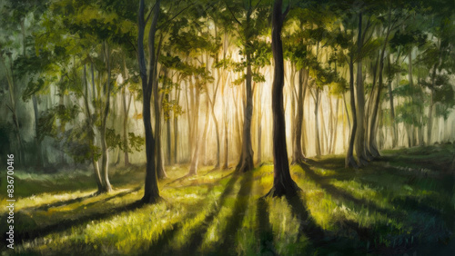 The light of the sun's rays penetrating through the forest canopy casts mottled shadows on the forest clearing, creating an atmosphere of serene tranquility.