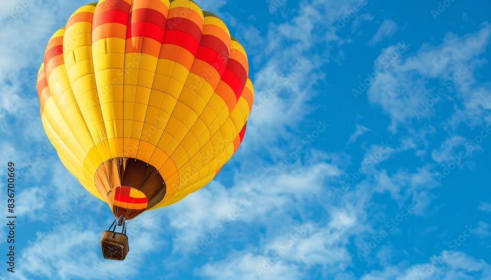 Fototapeta premium Vibrant Hot Air Balloon Soaring in the Blue Sky: A Colorful Adventure