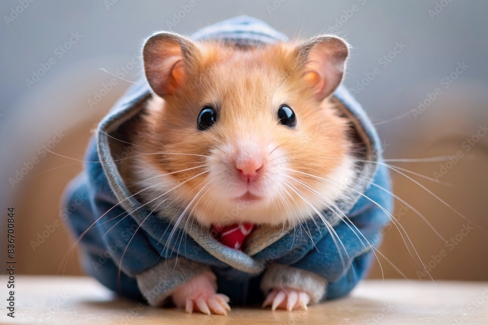 Fototapeta premium Cute hamster were blue jacket, close-up concept