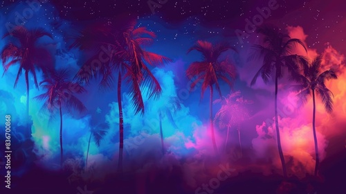 Tropical background with silhouettes of palm trees against the sky. Dark night scene with neon colors and smoke. Vector illustration.  