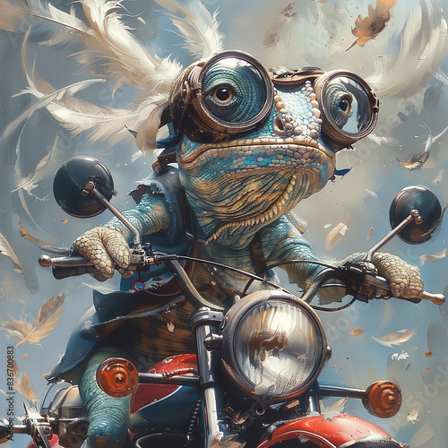 chameleon riding a motorcycle, glasses, flying feathers photo